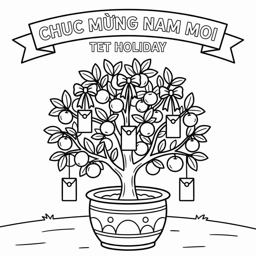 Tranh tô màu cây quất sum suê ngày Tết