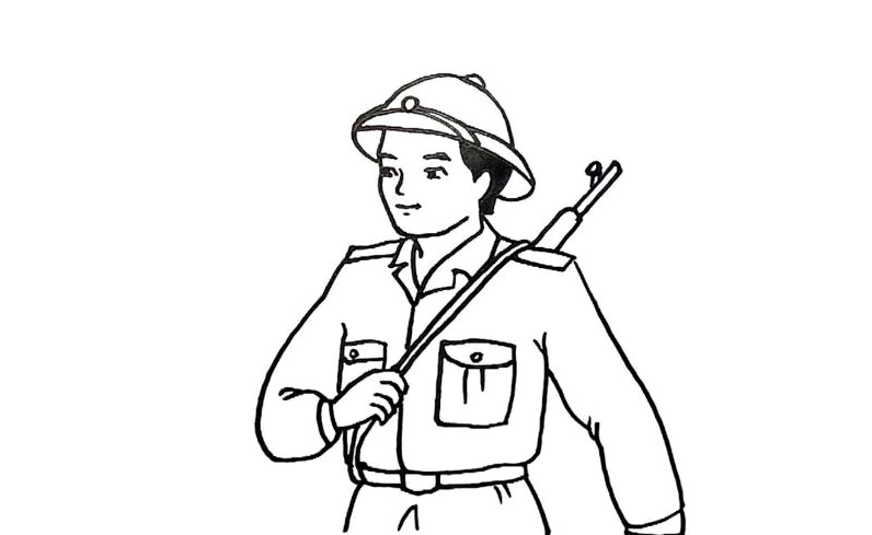 Tranh tô màu chiến sĩ cầm súng kiên cường đội mũ cối