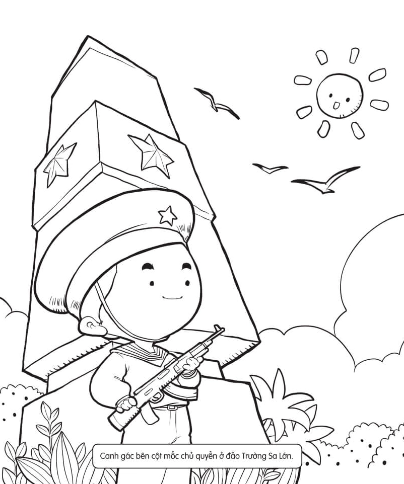 Tranh tô màu chú bộ đội đứng gác ở cột mốc nghiêm trang