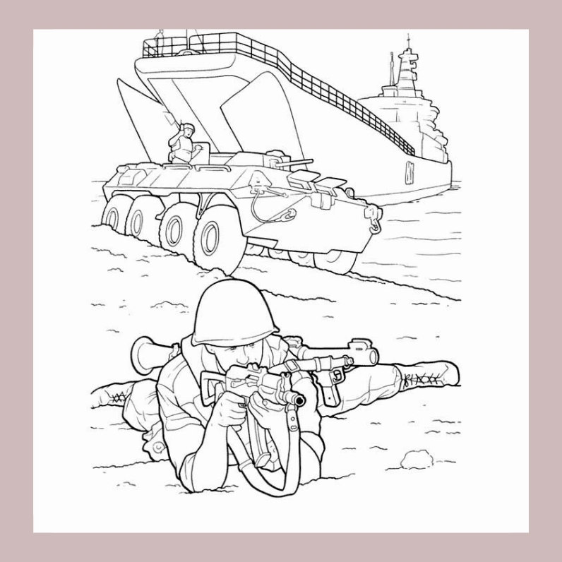 Tranh tô màu chú bộ đội hải quân 9 bên ngọn hải đăng sáng rực