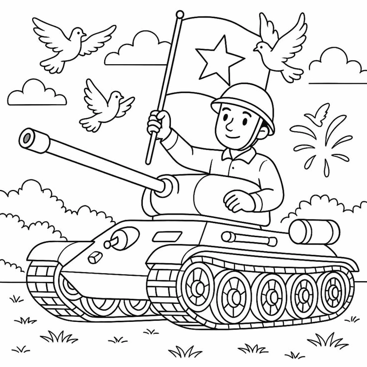 tranh tô màu chú bộ đội và xe tăng số 6