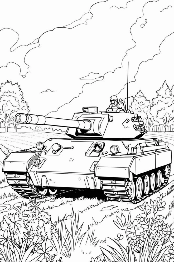 tranh tô màu chú bộ đội và xe tăng số 7