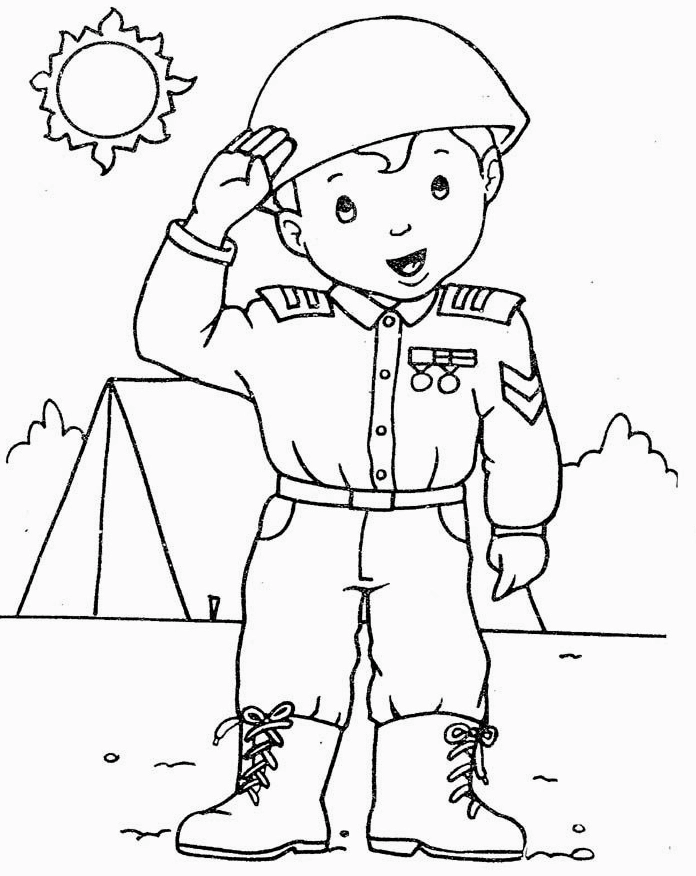 tranh tô màu chú bộ đội vui vẻ vẫy chào