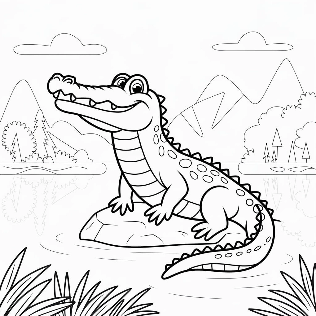Tranh tô màu con cá sấu nằm vắt vẻo trên tảng đá