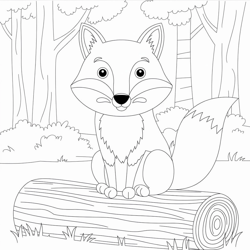 tranh tô màu con cáo ngồi trên khúc cây