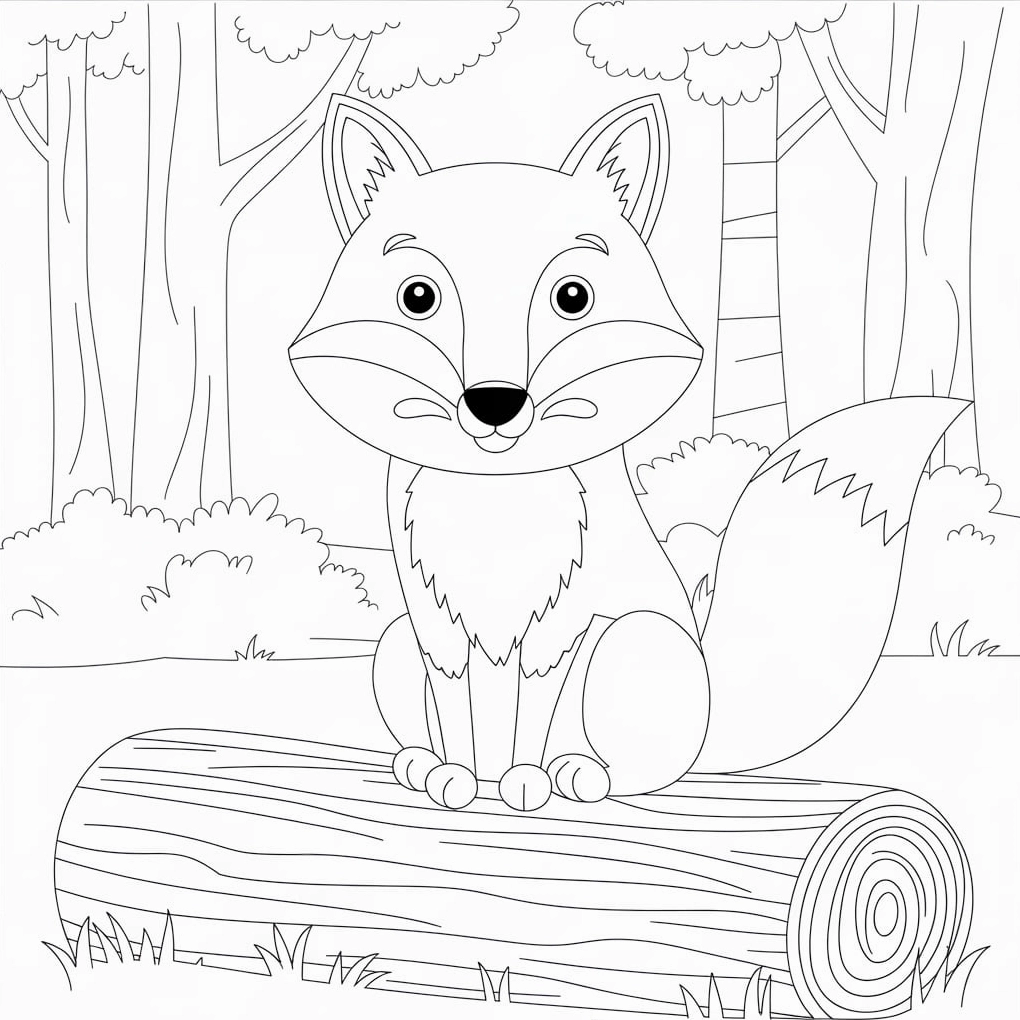 Tranh tô màu con cáo ngồi trên khúc cây thư giãn