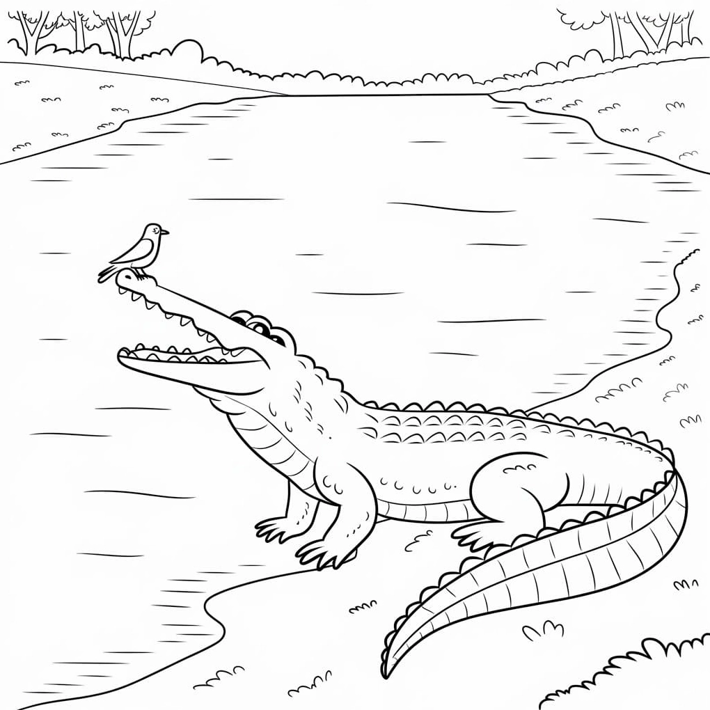 Tranh tô màu con chim đậu trên mũi cá sấu thân thiện