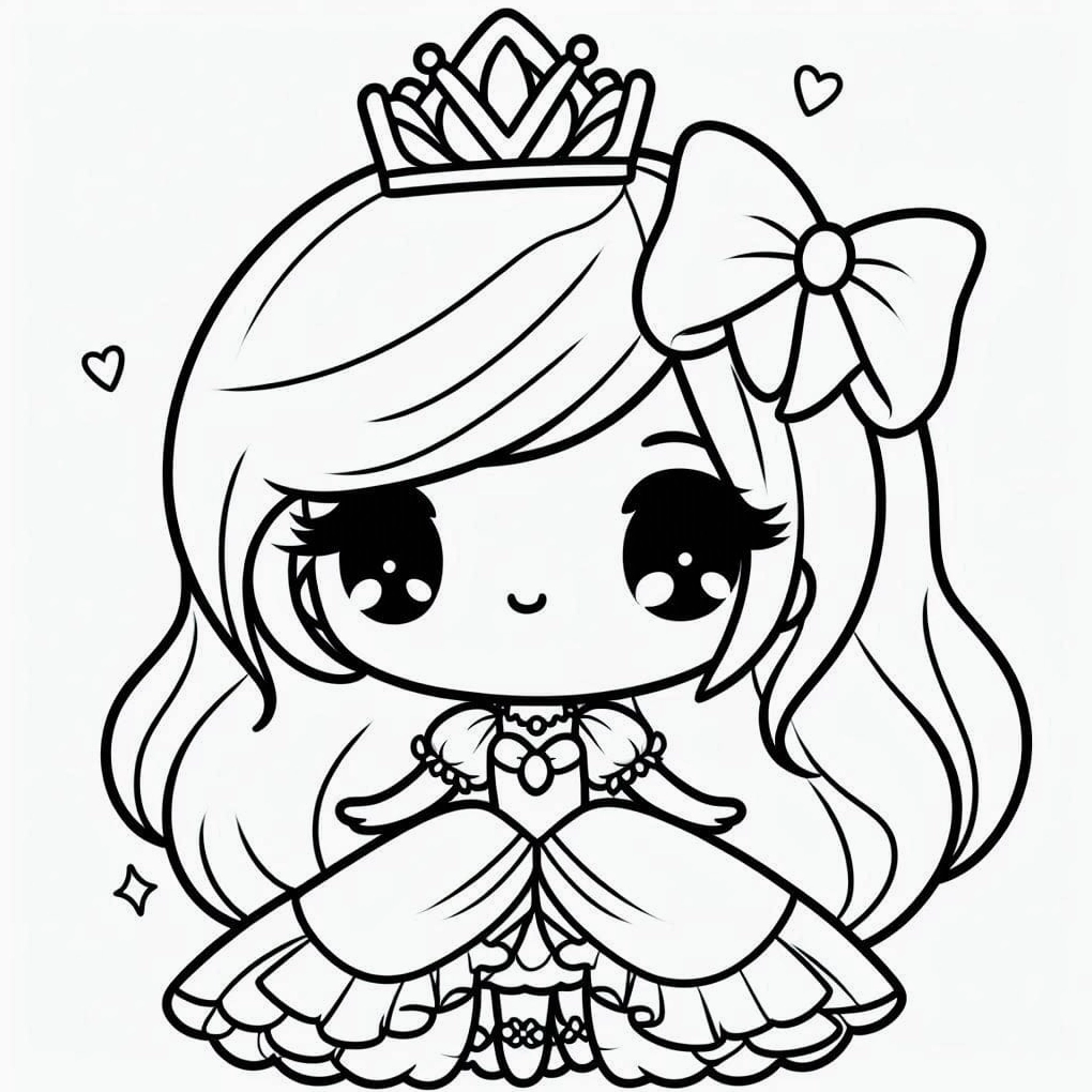 Tranh tô màu công chúa anime chibi xinh xắn trong bộ váy lộng lẫy