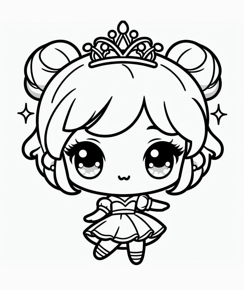 Tranh tô màu công chúa chibi cute đáng yêu với đôi mắt to tròn