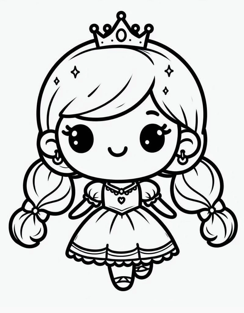Tranh tô màu công chúa chibi dễ thương với mái tóc bồng bềnh