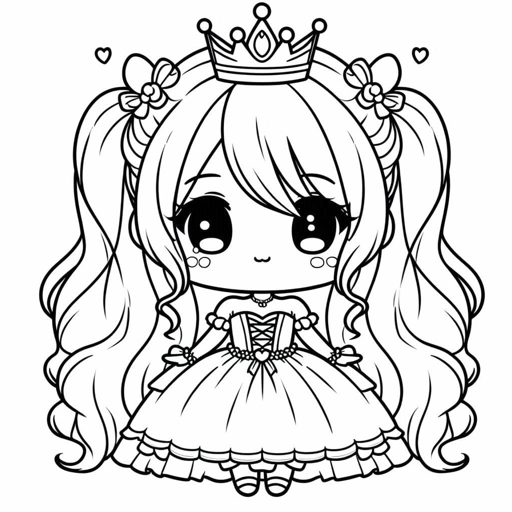 Tranh tô màu công chúa chibi đeo vương miện lấp lánh