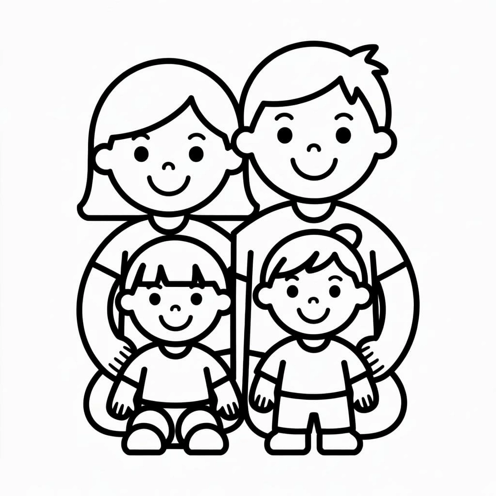 Tranh tô màu gia đình nhỏ dễ thương quây quần bên nhau