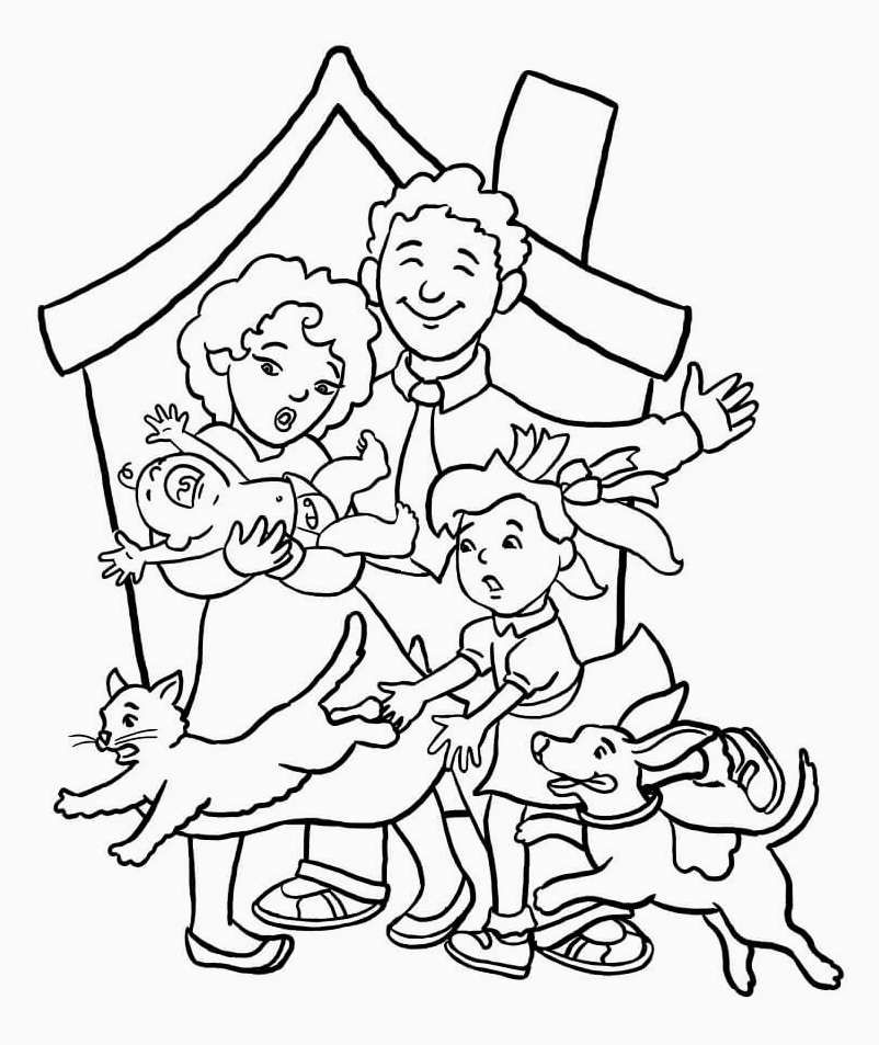 Tranh tô màu gia đình và thú cưng vui vẻ quây quần
