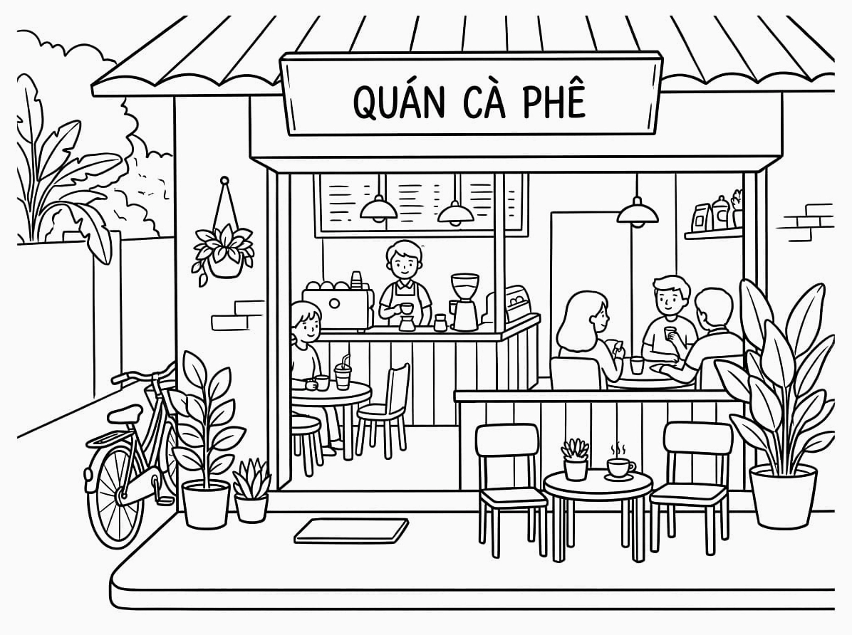 Tranh tô màu góc quán cà phê nhỏ xinh xắn yên bình