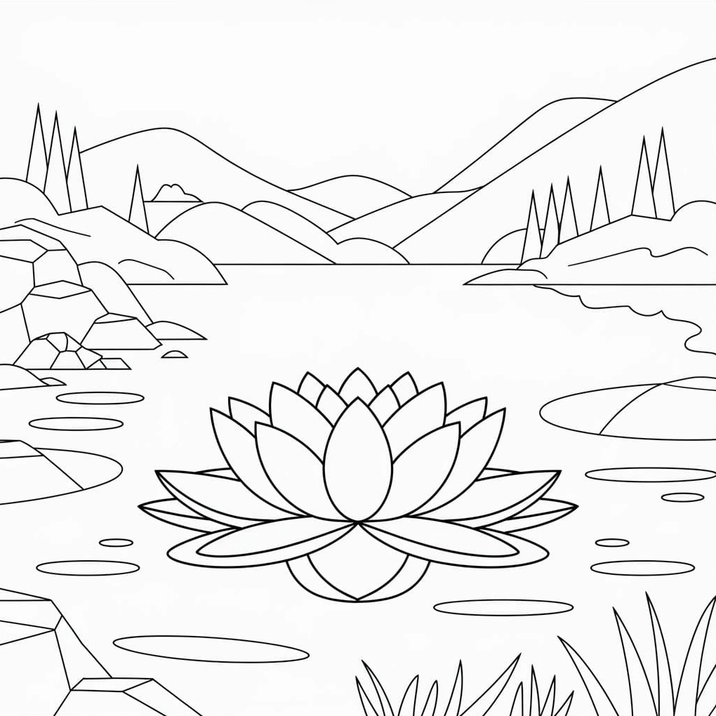 Tranh tô màu hoa sen giữa hồ lung linh