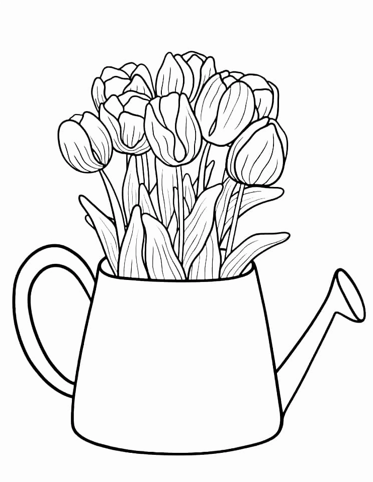 Tranh tô màu hoa tulip trong thùng tưới nước