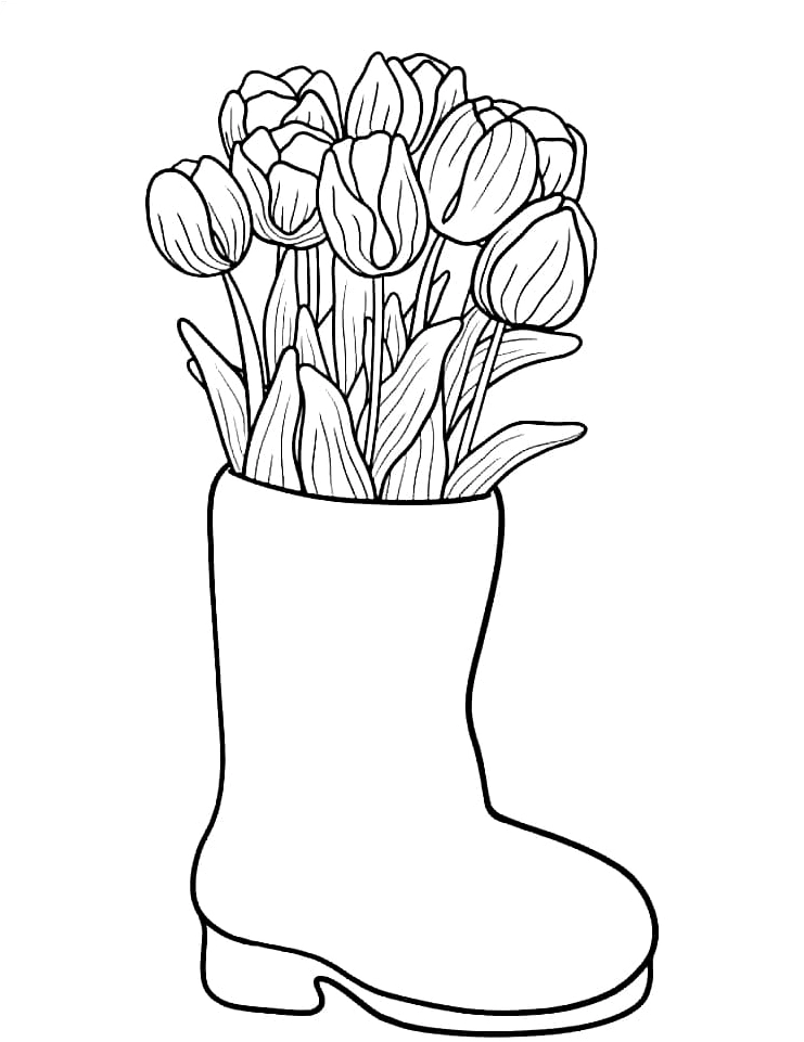 Tranh tô màu hoa tulip trồng trong chiếc ủng ngộ nghĩnh