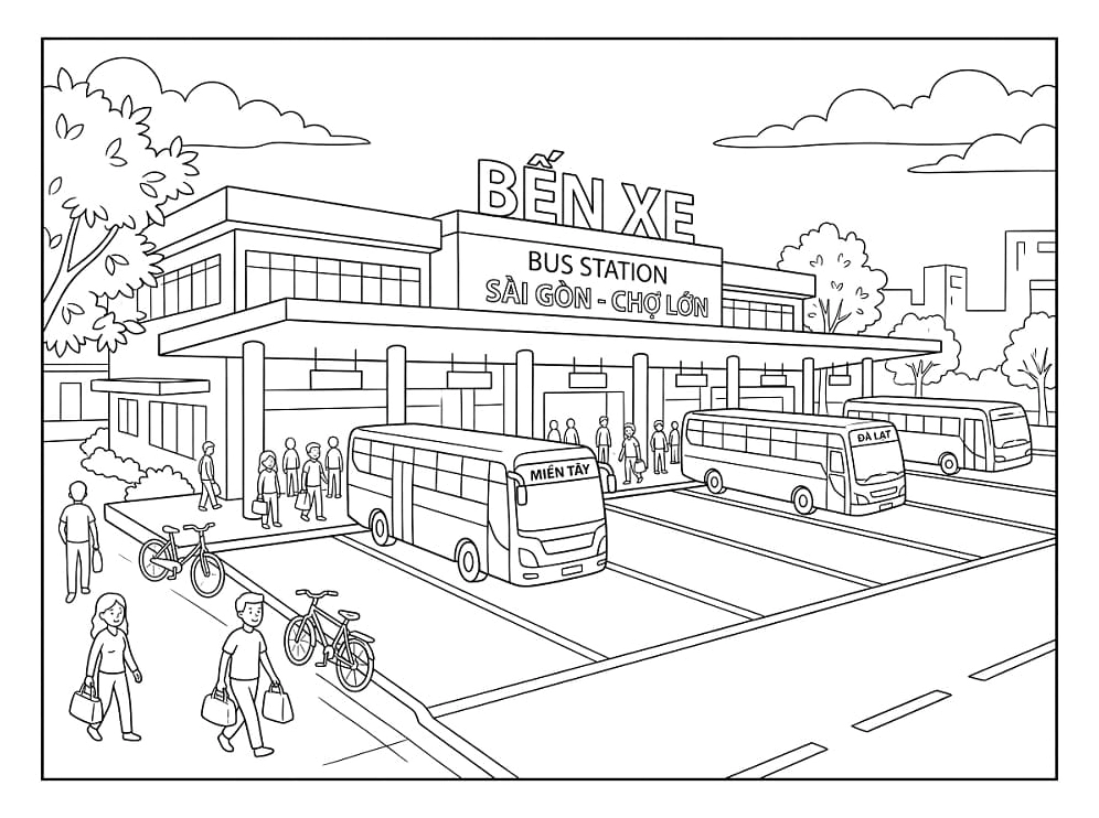 Tranh tô màu khung cảnh bến xe tấp nập nhộn nhịp