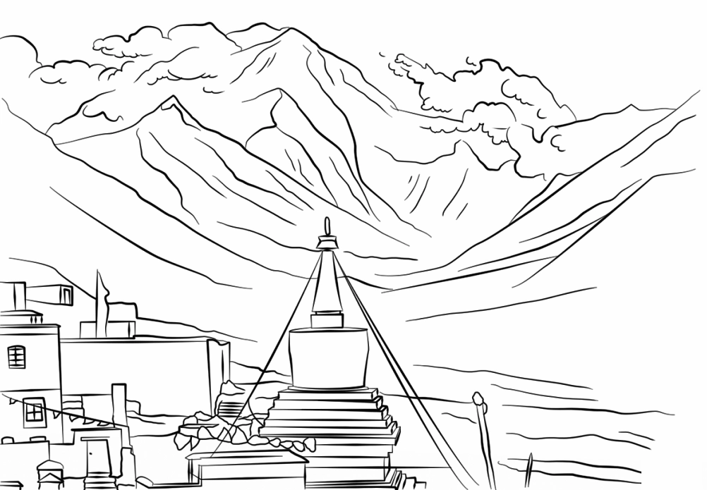 Tranh tô màu ngôi làng nhỏ thanh bình ở miền núi