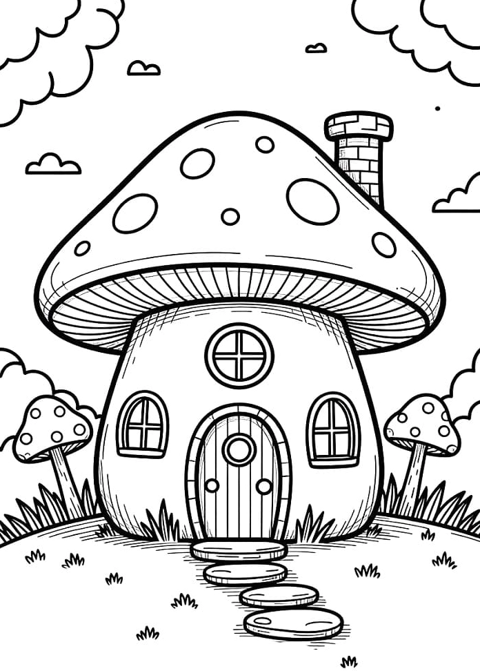 Tranh tô màu ngôi nhà nấm nhỏ bé xinh xắn trong khu rừng