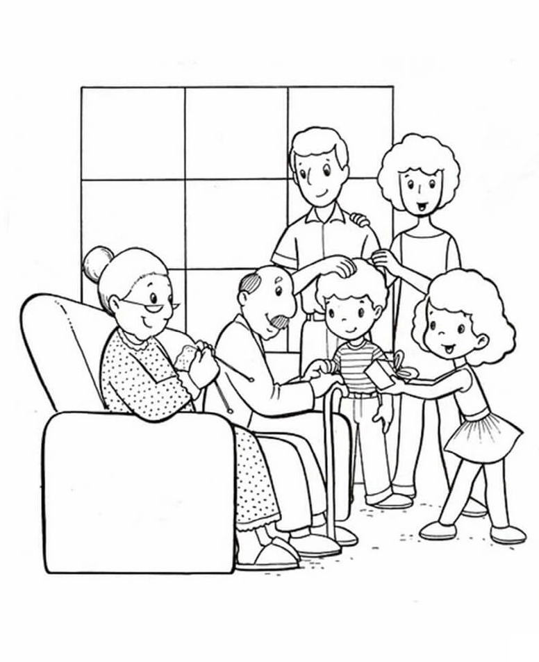 Tranh tô màu ông bà và cả nhà cùng cười thật tươi