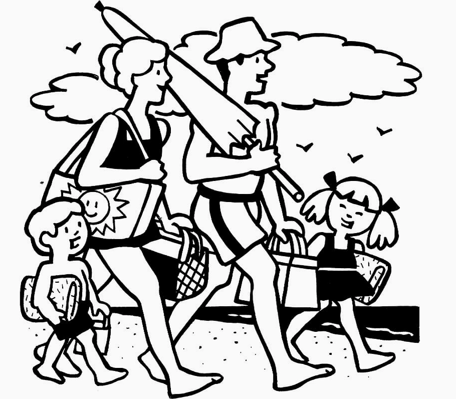 Tranh tô màu phong cảnh biển khắc họa khoảnh khắc gia đình dạo bước