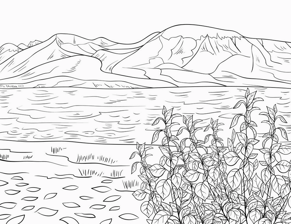 Tranh tô màu phong cảnh dòng sông hiền hòa và ngọn núi cao