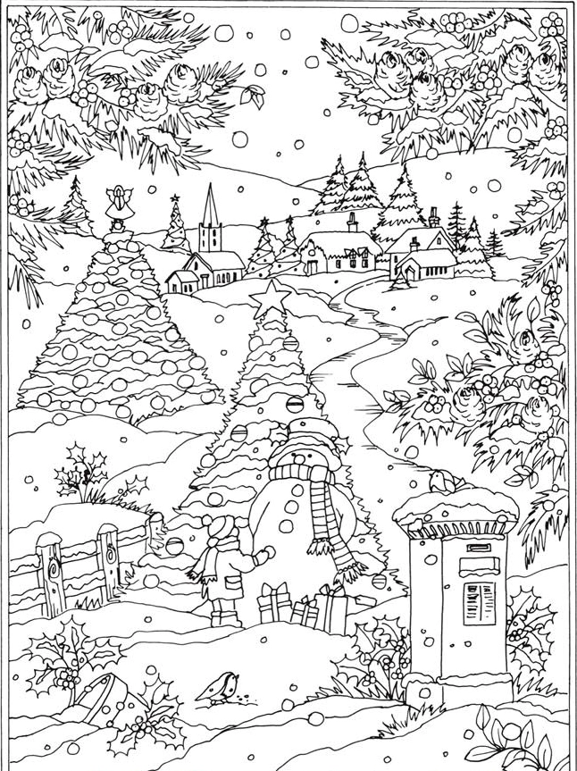 Tranh tô màu phong cảnh miền núi vào mùa giáng sinh an lành