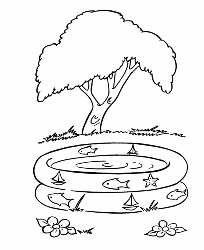 Tranh tô màu phong cảnh mùa hè bể bơi cho trẻ em