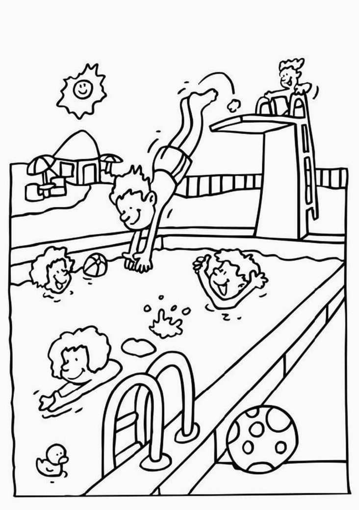 Tranh tô màu phong cảnh mùa hè bé bơi lội tung tăng