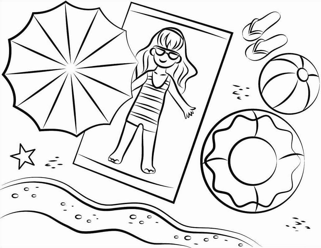 Tranh tô màu phong cảnh mùa hè cô bé thư giãn trên bãi biển