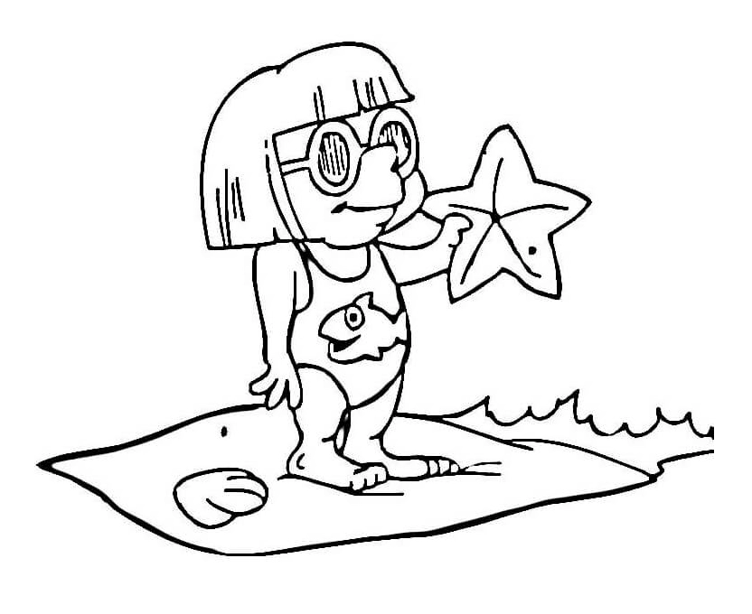 Tranh tô màu phong cảnh mùa hè cô bé và con sao biển