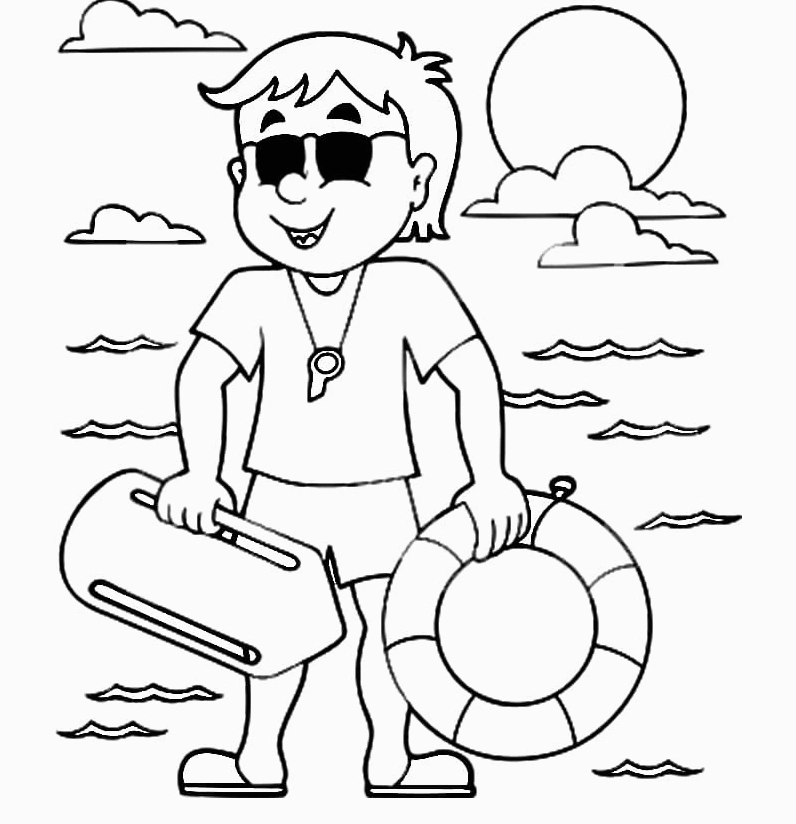 Tranh tô màu phong cảnh mùa hè nhân viên cứu hộ bãi biển