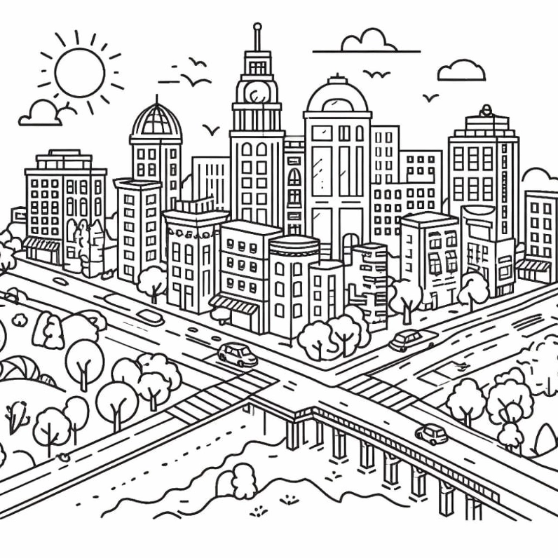 Tranh tô màu phong cảnh thành phố hiện đại dành cho bé tiểu học
