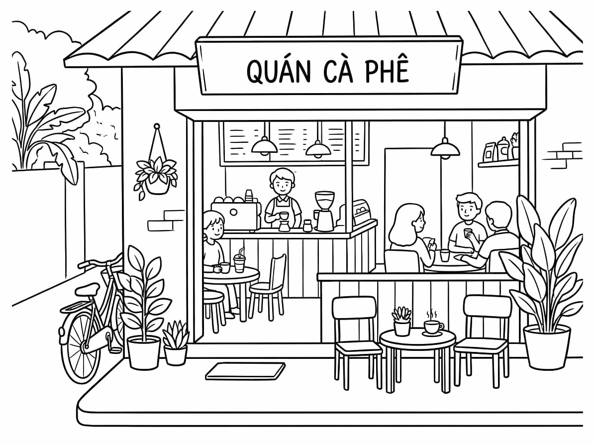 Tranh tô màu quán cà phê đơn giản và ấm cúng