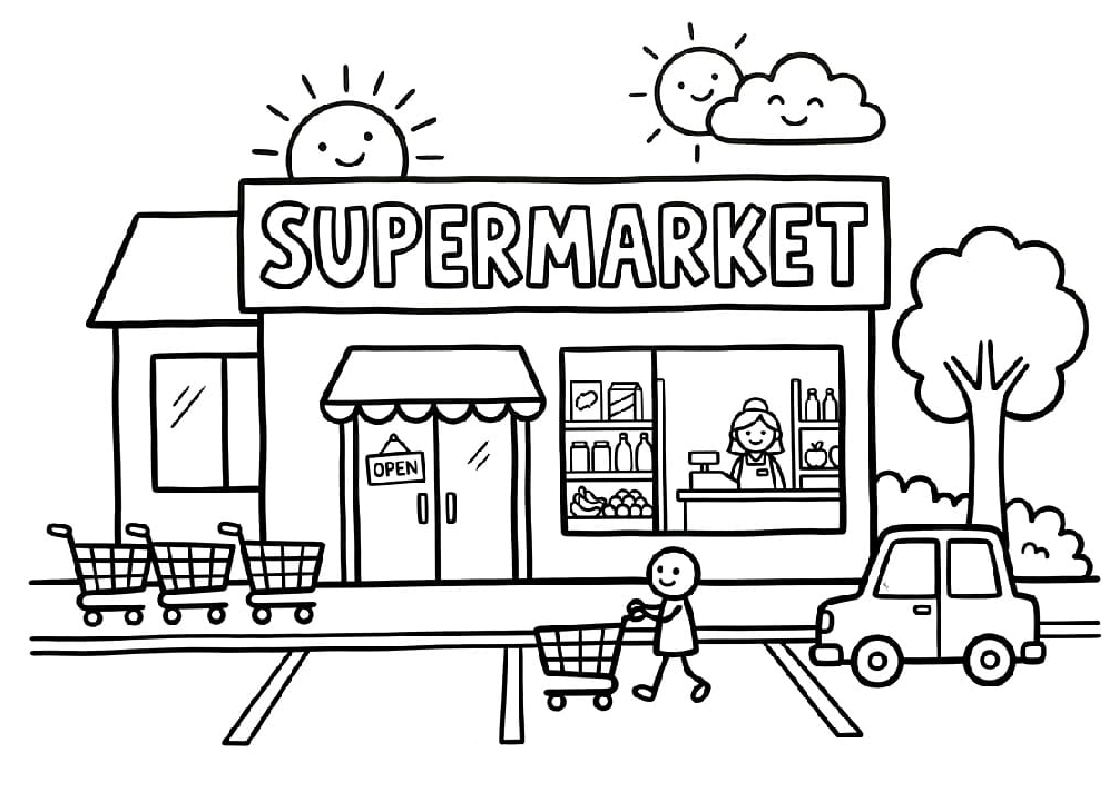 Tranh tô màu siêu thị vui vẻ nhộn nhịp