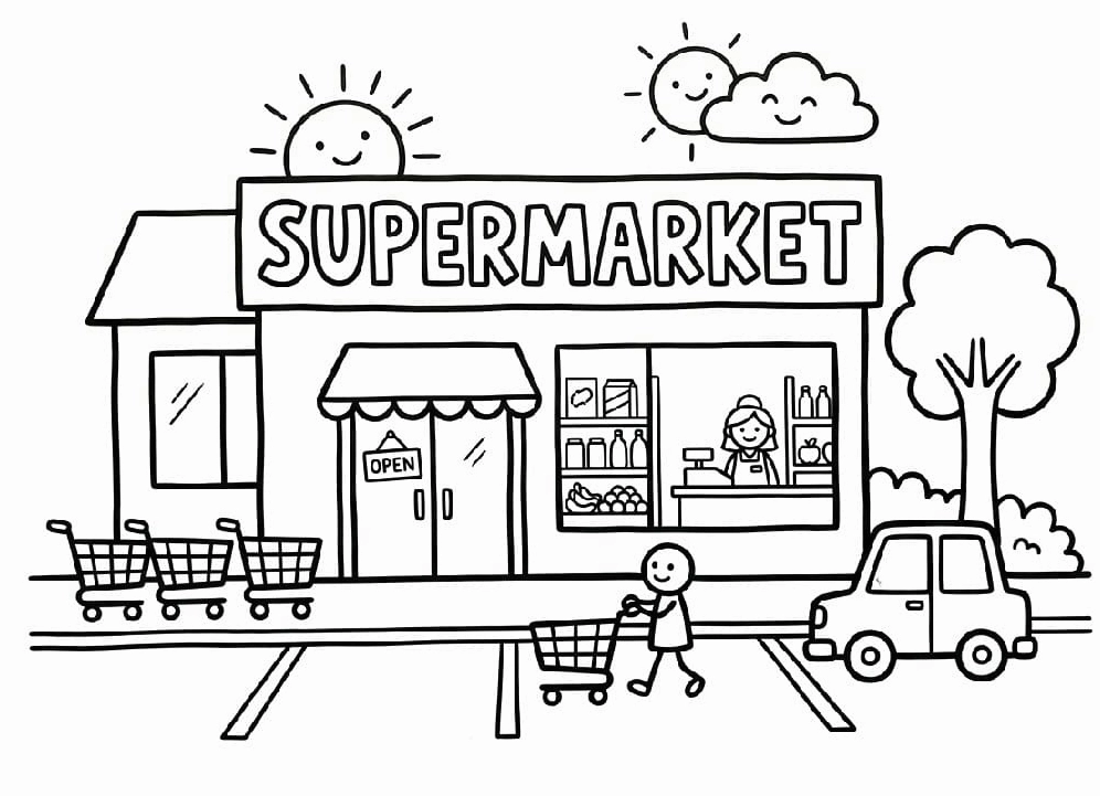 Tranh tô màu siêu thị vui vẻ nhộn nhịp người mua sắm