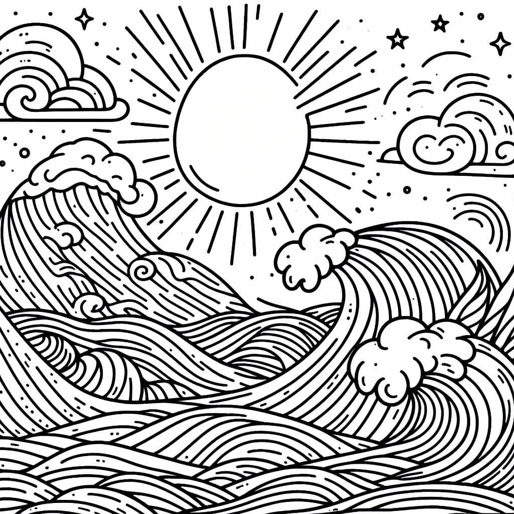 Tranh tô màu sóng biển cuộn trào