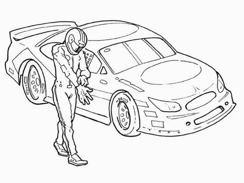 Tranh tô màu tài xế và xe đua chuẩn bị xuất phát