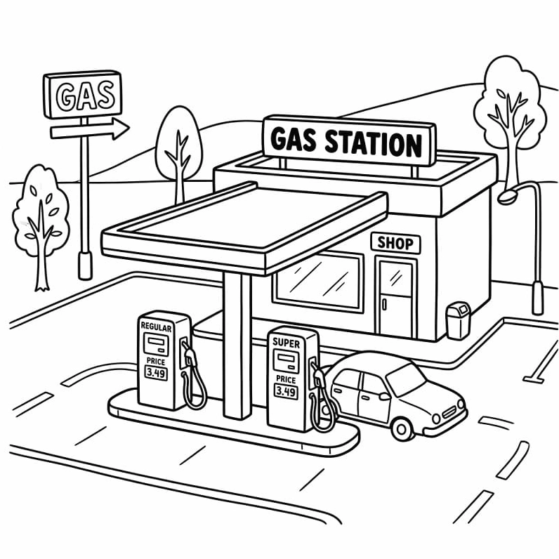 Tranh tô màu trạm xăng với chú cáo lái xe