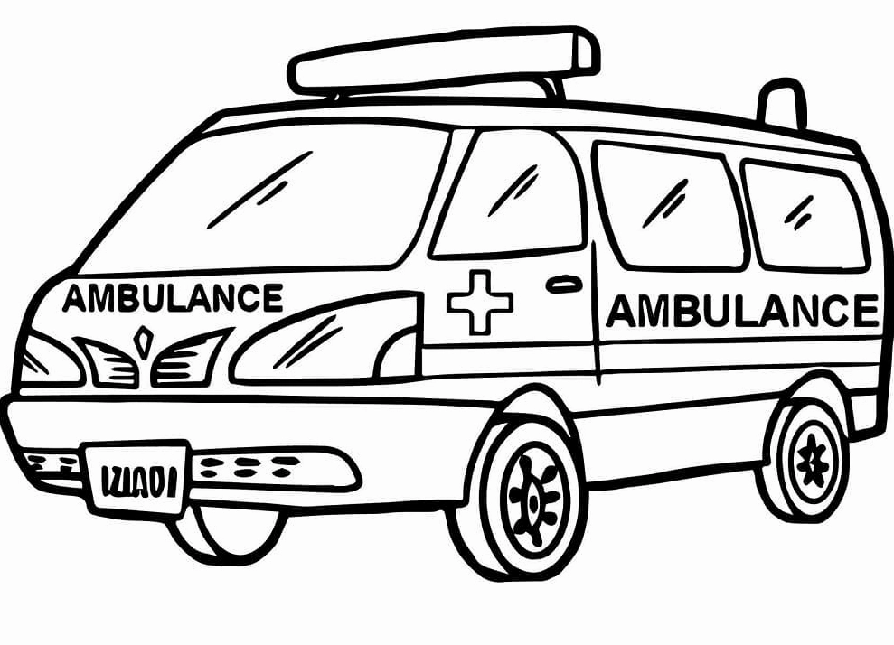 Tranh tô màu xe cứu thương đỗ trước cổng bệnh viện