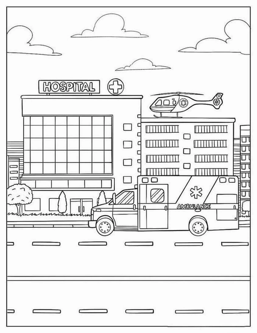 Tranh tô màu xe cứu thương đưa bệnh nhân đi cấp cứu phần ba