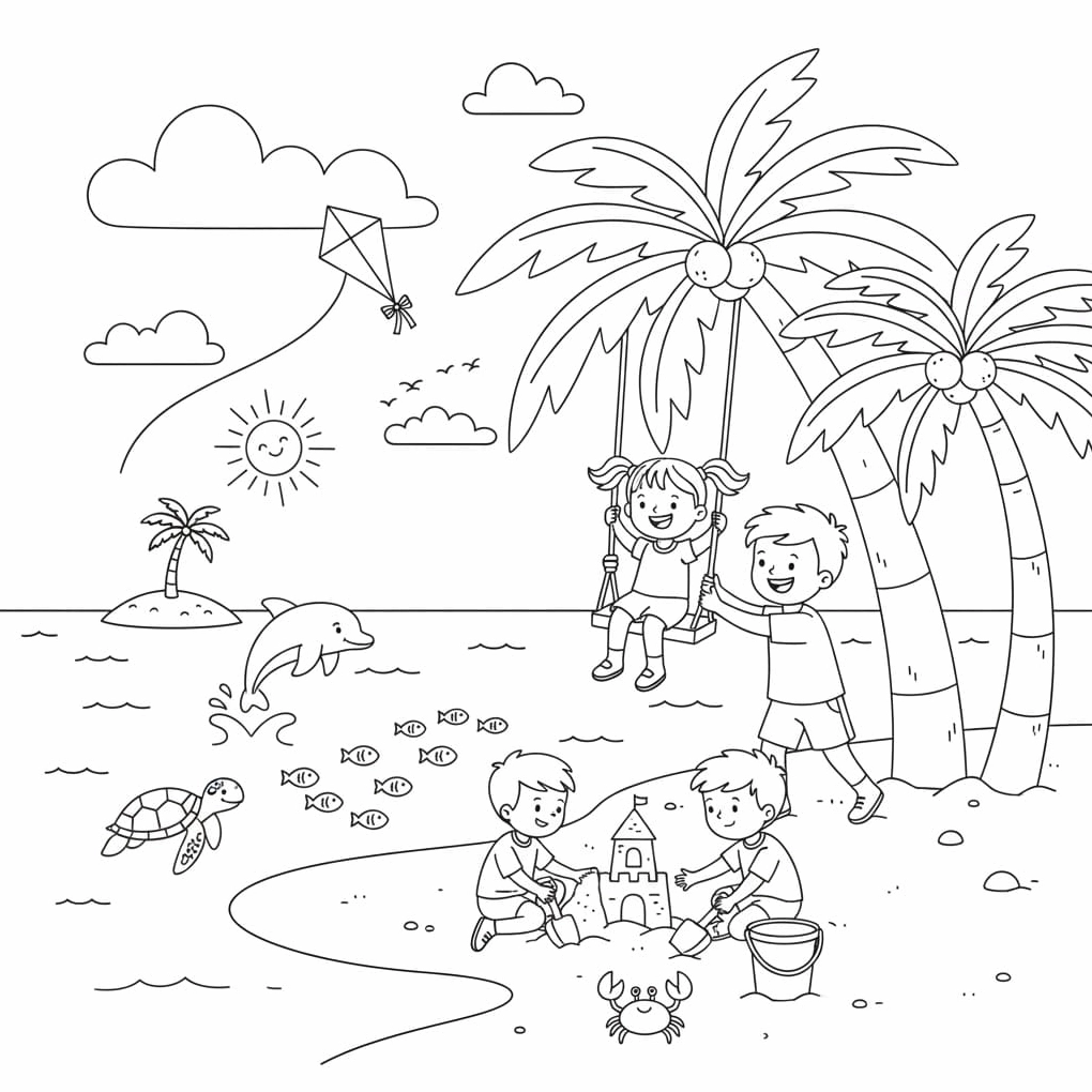 Tranh vẽ bãi biển đơn giản nhưng vô cùng nhộn nhịp vào dịp cuối tuần