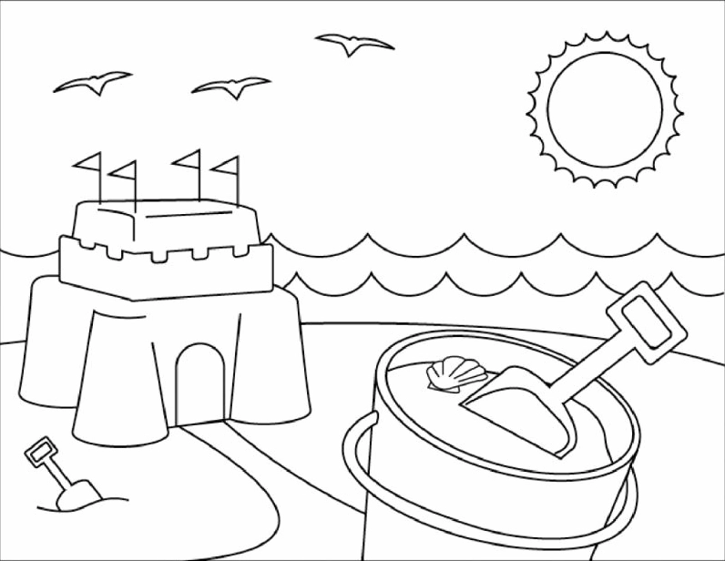 Tranh vẽ bãi biển đơn giản với hình ảnh lâu đài cát vô cùng tráng lệ