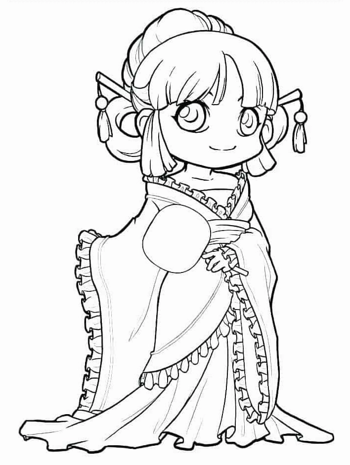 Tranh vẽ công chúa anime cổ trang thanh lịch cho bé tô màu