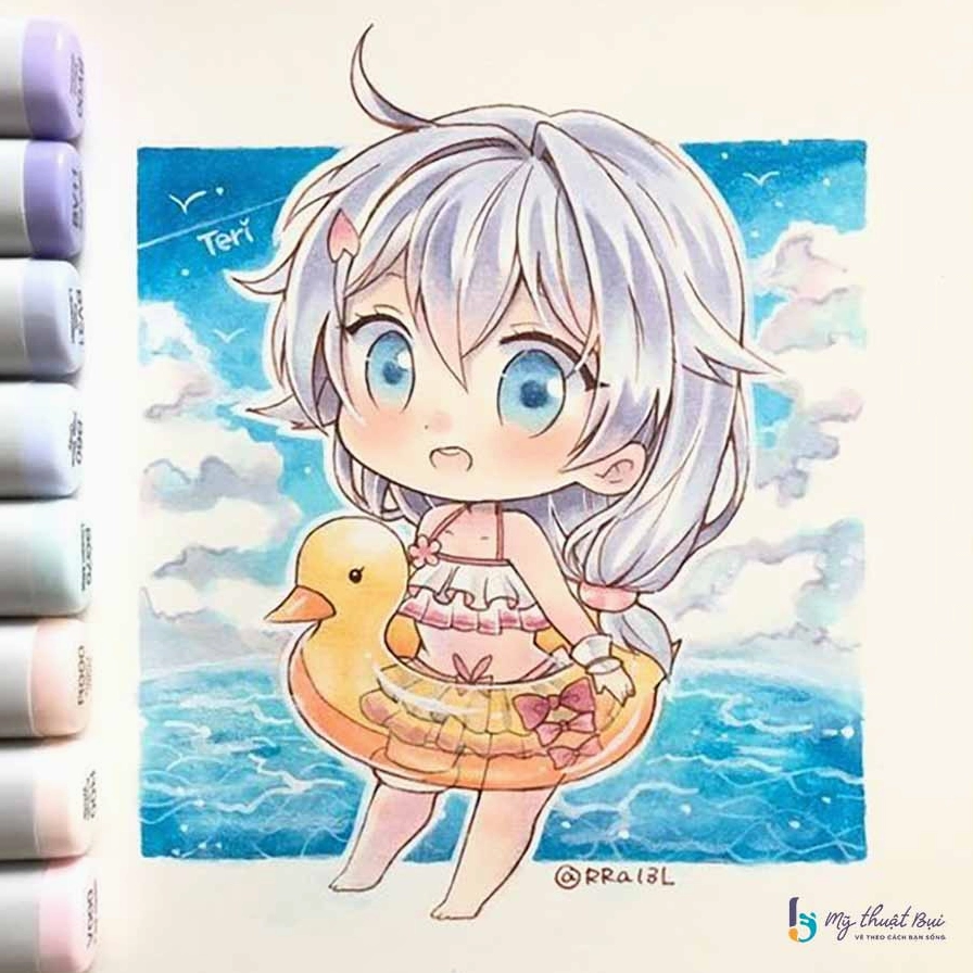 Tranh vẽ nhân vật anime chibi dễ thương với màu sắc tươi sáng