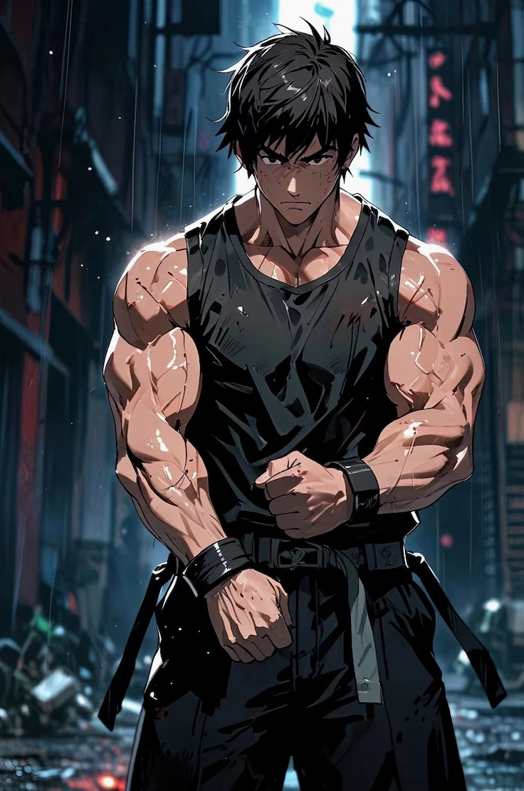 Tư thế của một người đàn ông lực lưỡng anime sẵn sàng chiến đấu