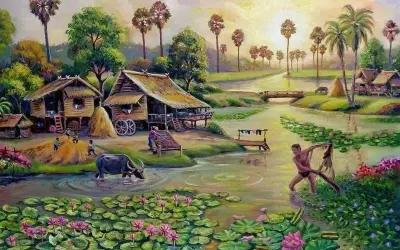 Ảnh vẽ tranh phong cảnh miền quê yên bình thanh thản
