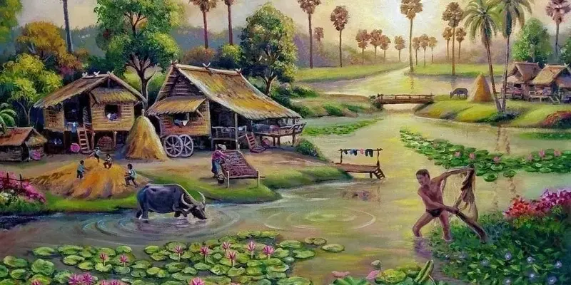 Ảnh vẽ tranh phong cảnh miền quê yên bình thanh thản