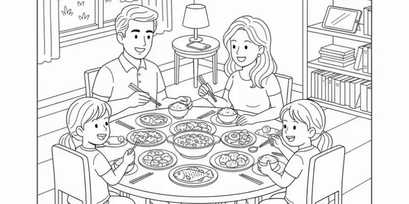 Bộ tranh tô màu gia đình ăn cơm đẹp nhất cho bé yêu sáng tạo